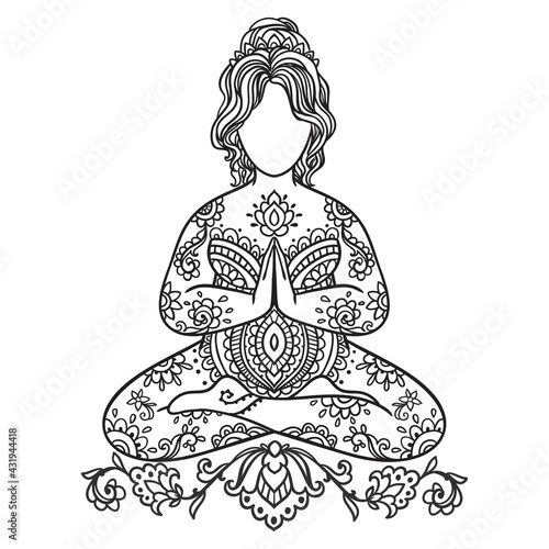 Plus size Yoga Girl Mandala. Ornamental feminine Vector illustration. Medallion yoga lotus pose india arabic style