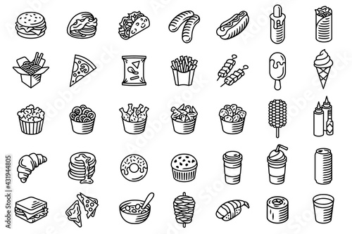 Fast food icon set. Burger, hot dog, pizza and other food black vector isolated icons on white background. Best for restaurants, cafes, bars and food courts.