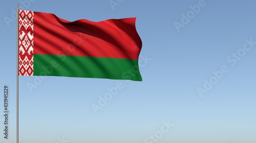 The flag of the Republic of Belarus waving in the wind against the background of the sky. Flag day. 3D rendering illustration.