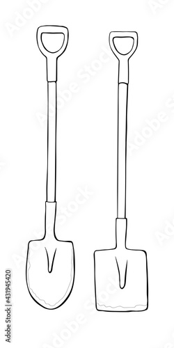 Vector black outline of garden shovel, spade, scoop. Tools for working on the farm, in the dacha, country site in the doodle style. Hand-drawn isolated illustration