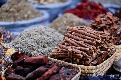 Exotic colorful spices on moroccan street market.