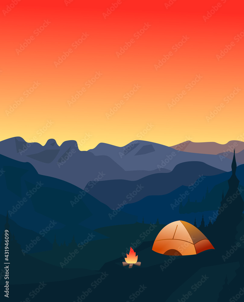 Mountain landscape. Sunset summer camping vector illustration. Tent, fire and nature, editable background