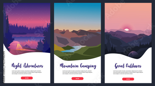 Collection of mountain and river landscapes for banner, web site, social media. Editable vector illustration with summer camping, overnight near to bonfire in tent