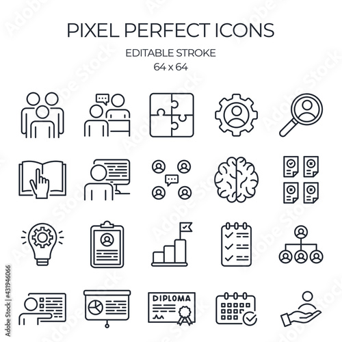 Internship, training and studying concept editable stroke outline icons set isolated on white background flat vector illustration. Pixel perfect. 64 x 64.
