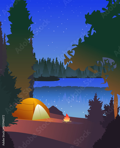 Over night in tent on river bank near to fire. Summer sunset camping, hiking in forest, Sunrise and stars. Editable vector illustration background