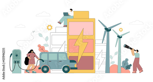 Green energy. Electric energy from renewable sources. Solar panels, wind turbines and battery storage