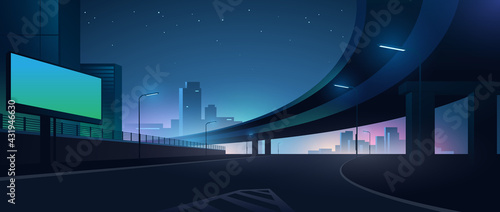 Futuristic neon city. Highway, overpass and blank billboard photo