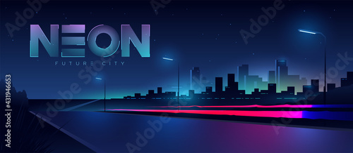 Futuristic city. Cityscape with motion car lights. Wide highway front view. Cyberpunk and retro wave style illustration