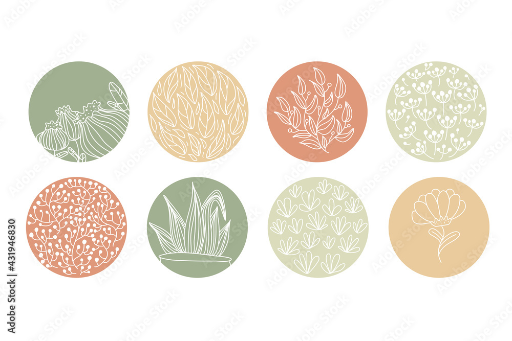 Highlight cover set, abstract floral botanical icons for social media. Vector illustration. Set of Instagram Story Highlights Covers Icons.