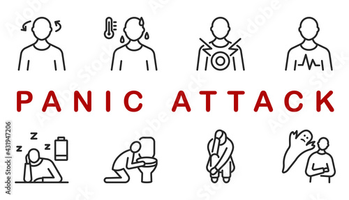 Panic attack symptoms rectangular banner with flat line icon. Vector illustration psychological illness characterized by dizziness, vomiting, heart palpitations, fear of death. Editable strokes