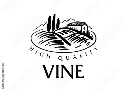 Vector logo drawn by hand. Landscape of vineyards for making wine