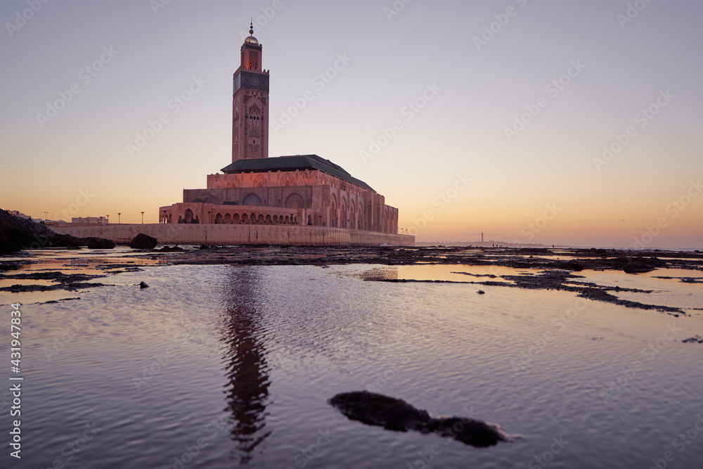 Travel by Morocco. Hassan II Mosque during the sunset in Casablanca.