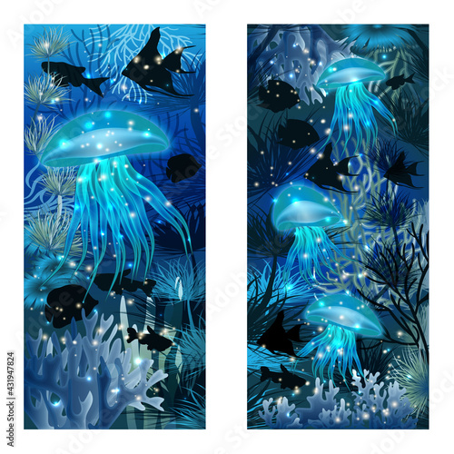 Underwater banners with jellyfish, vector illustration