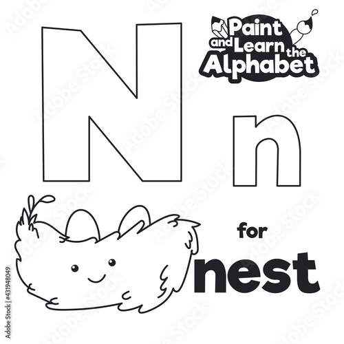 Alphabet to Color it, with Letter N and Bird Nest, Vector Illustration