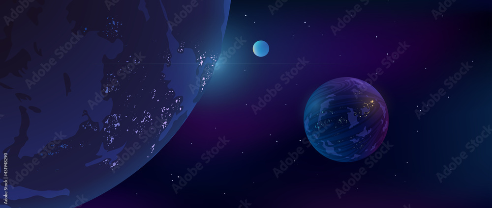 Futuristic space background. Planets with glowing lights of cities. Outer space. Realistic vector illustration Futuristic space background. Planets with glowing lights of cities. Outer space. Realistic vector illustration