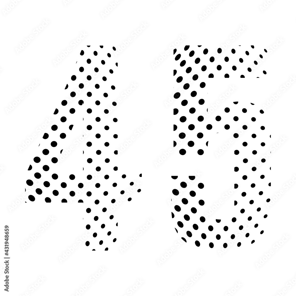 Number Forty-five, 45 in halftone. Dotted illustration isolated on a white background. Vector illustration. Number Forty-five, 45 in halftone. Dotted illustration isolated on a white background. Vector illustration.