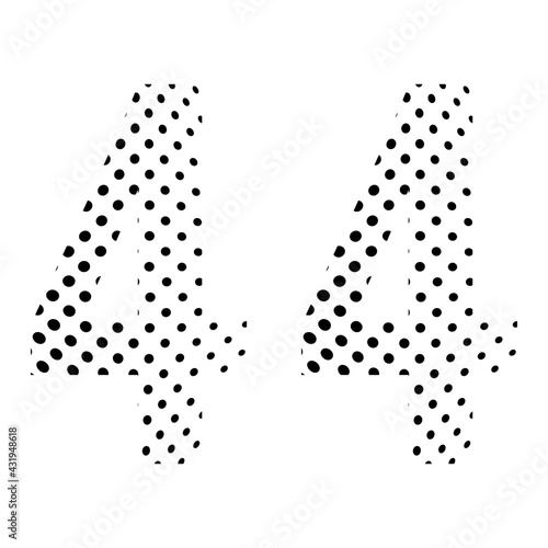 Number Forty-four, 44 in halftone. Dotted illustration isolated on a white background. Vector illustration.