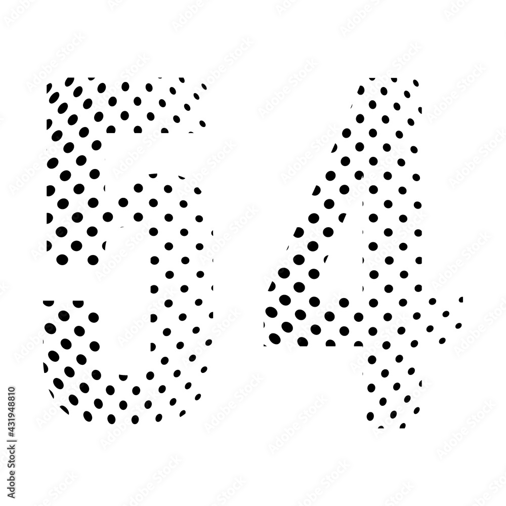 Number Fifty-four, 54 in halftone. Dotted illustration isolated on a white background. Vector illustration. Number Fifty-four, 54 in halftone. Dotted illustration isolated on a white background. Vector illustration.