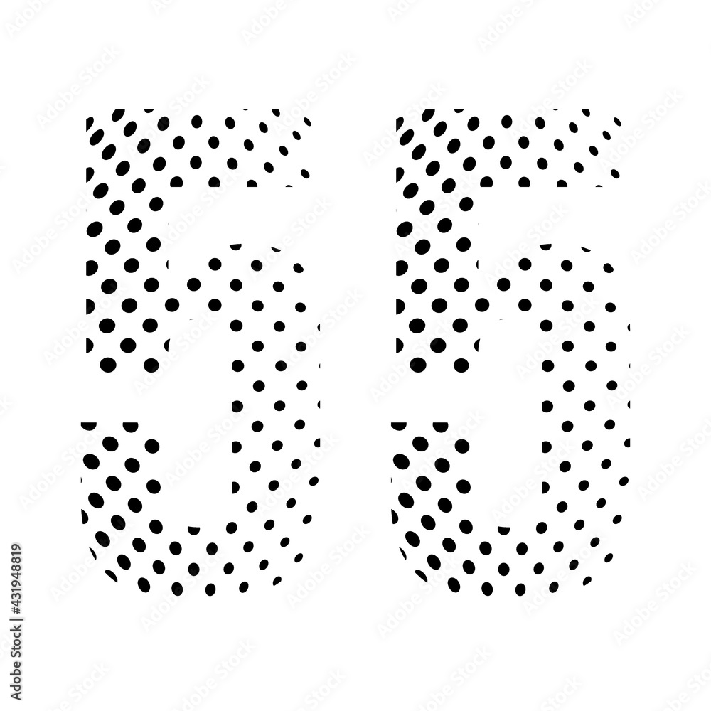 Number Fifty-five, 55 in halftone. Dotted illustration isolated on a white background. Vector illustration. Number Fifty-five, 55 in halftone. Dotted illustration isolated on a white background. Vector illustration.