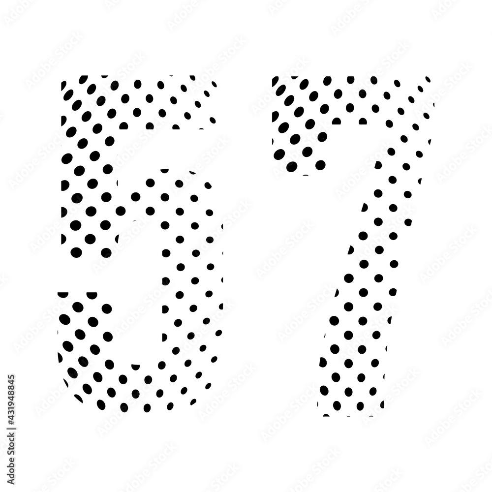 Number Fifty-seven, 57 in halftone. Dotted illustration isolated on a white background. Vector illustration. Number Fifty-seven, 57 in halftone. Dotted illustration isolated on a white background. Vector illustration.
