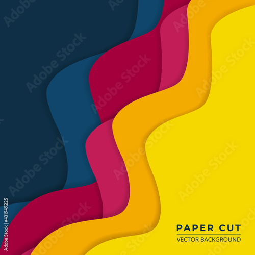 Bright colorful paper cut abstract background. Wavy multicolor paper layers on a dark navy blue background. Vector illustration EPS10.
