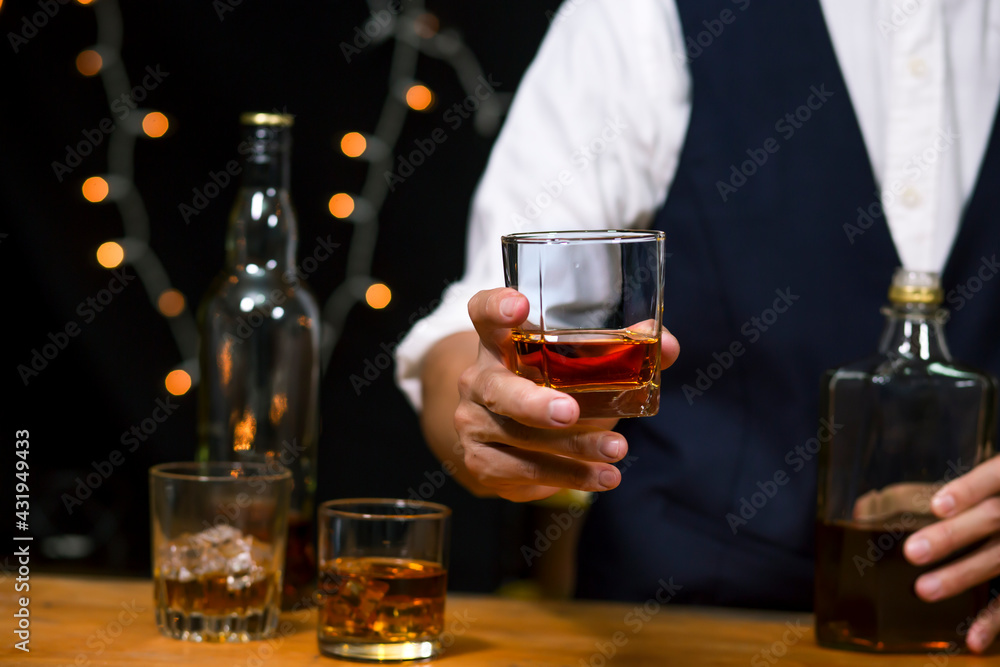 Bartender Serve Whiskey, on wood bar, 