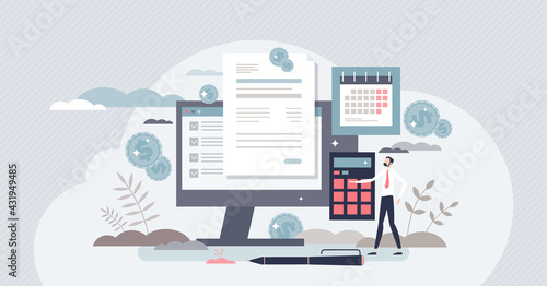 Payroll money statement and work salary payment balance tiny person concept. Financial wage calculation and job checkout analysis vector illustration. Annual tax receipt and budget planning process. photo