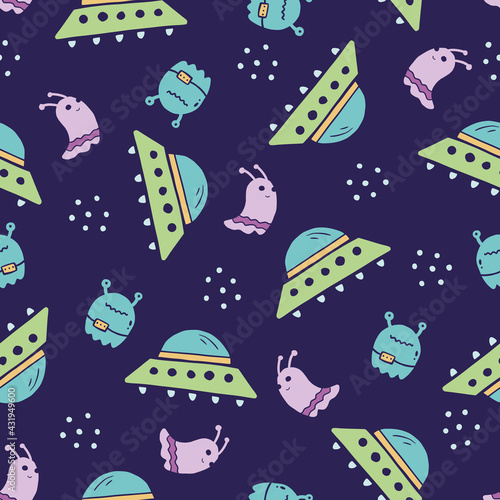 Cute childish seamless pattern of space elements  ufo  planet  alien  satellite. Hand drawn cartoon kids style. Vector illustration for fabric  textile  wallpaper  background.
