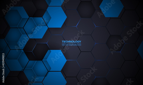 Dark gray abstract hexagonal technology vector background. Blue bright energy flashes under hexagon in futuristic modern tech background vector illustration. Dark gray honeycomb texture grid.