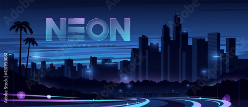 Futuristic city. Cityscape with motion car lights. Wide highway front view. Cyberpunk and retro wave style illustration.