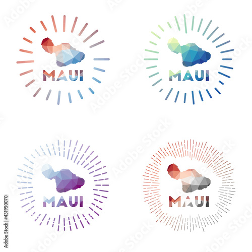 Maui low poly sunburst set. Logo of island in geometric polygonal style. Vector illustration.