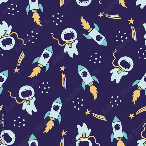 Cute childish seamless pattern of space elements, rocket, austronaut, star, satellite. Hand drawn cartoon kids style. Vector illustration for fabric, textile, wallpaper, background.
