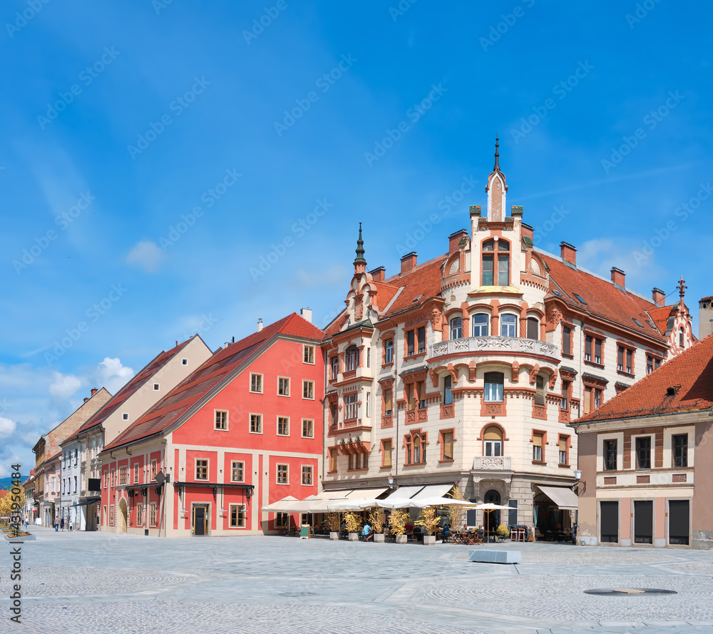 Maribor main square in Slovenia. Panoramic image with blue sky. Daylight, panoramic cityscape, copy-space on sky. Famous tourist destination in Europe.