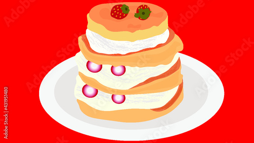 pancakes with cream and strawberries on a plate © ersr