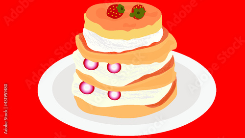 pancakes with cream and strawberries on a plate 