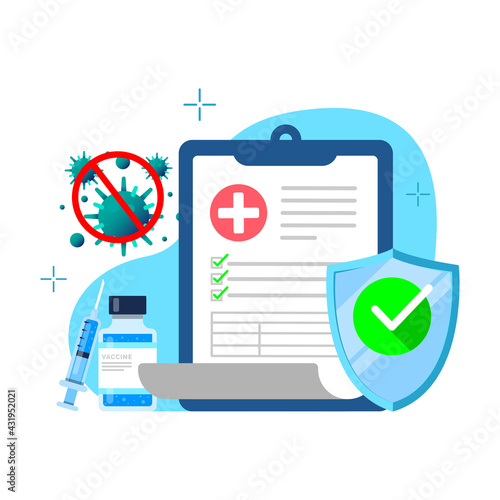 prevention, protect from viruses, vaccination record card document concept illustration flat design vector eps10. modern graphic element for landing page, empty state ui, infographic