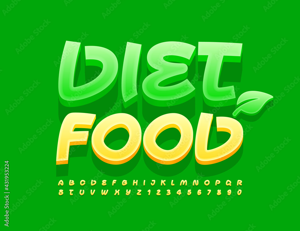 Naklejka premium Vector modern sign Diet Food. Yellow Artistic Font. Set of creative Alphabet Letters and Numbers set