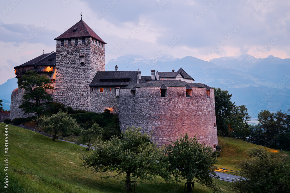 Vaduz Royal castle in Liechtenstein. Scenic landscape of old medieval castle in Alps mountains in summer. Beautiful view of Alpine nature.