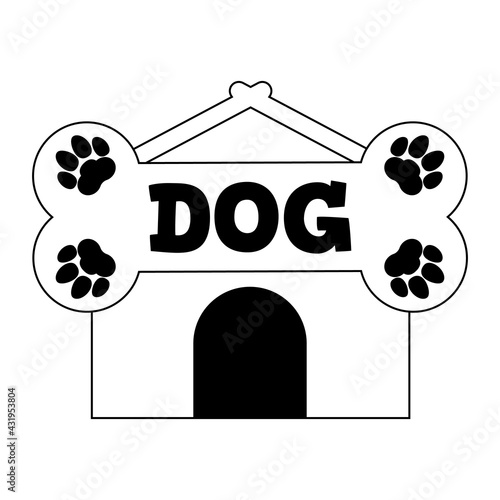 Dog house name plate logo. Bone and paws. Clipart and drawing. Vector illustration on white background.