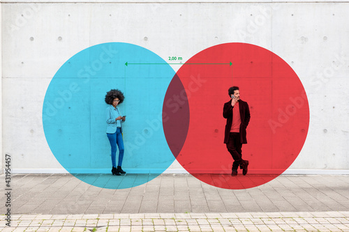 Two overlapping circles visualizing social distancing covering man and woman standing outdoors with smart phones in hands