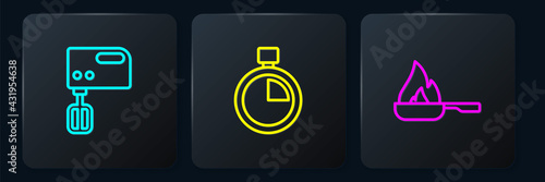 Set line Electric mixer, Frying pan and Stopwatch. Black square button. Vector