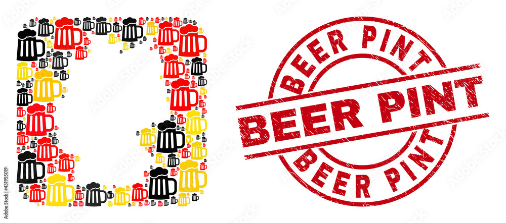 German map collage in Germany flag official colors - red, yellow, black, and unclean Beer Pint red round stamp print. Beer Pint stamp uses vector lines and arcs. German map collage in Germany flag official colors - red, yellow, black, and unclean Beer Pint red round stamp print. Beer Pint stamp uses vector lines and arcs.