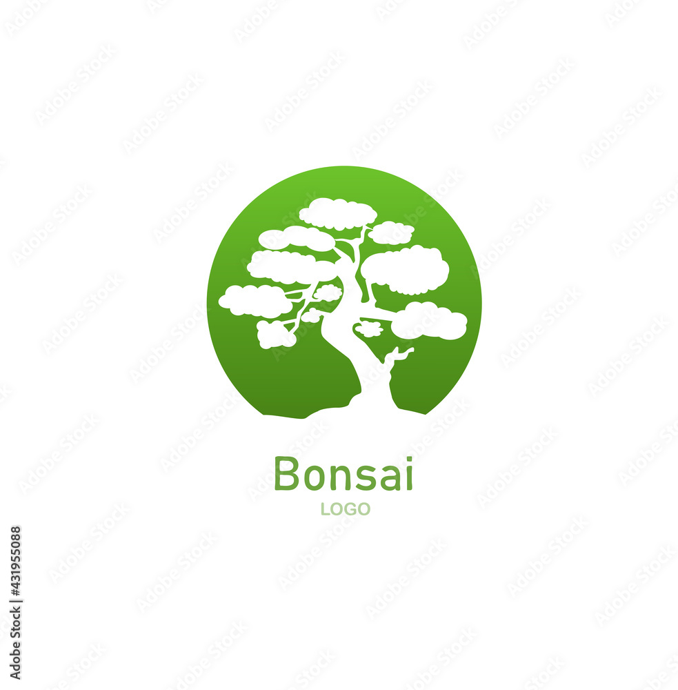 Japanese bonsai tree. Green round logo, tree icon. Bonsai silhouette vector illustration on isolated white background. Ecology, nature, bio concept. Design template. Text can be replaced