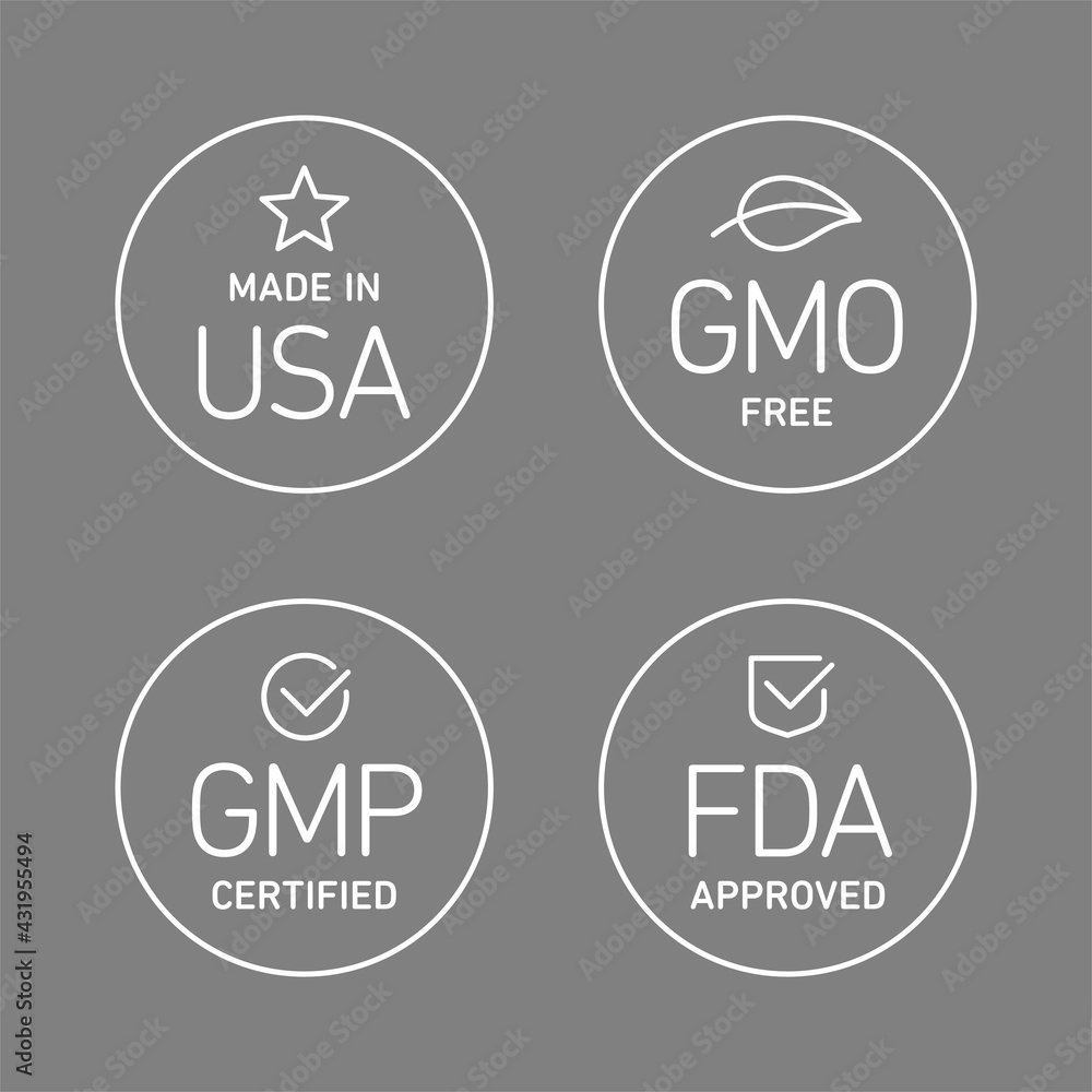 Four product badges, made in USA, GMO free, Good manufacturing practice, approved Four product badges, made in USA, GMO free, Good manufacturing practice, approved