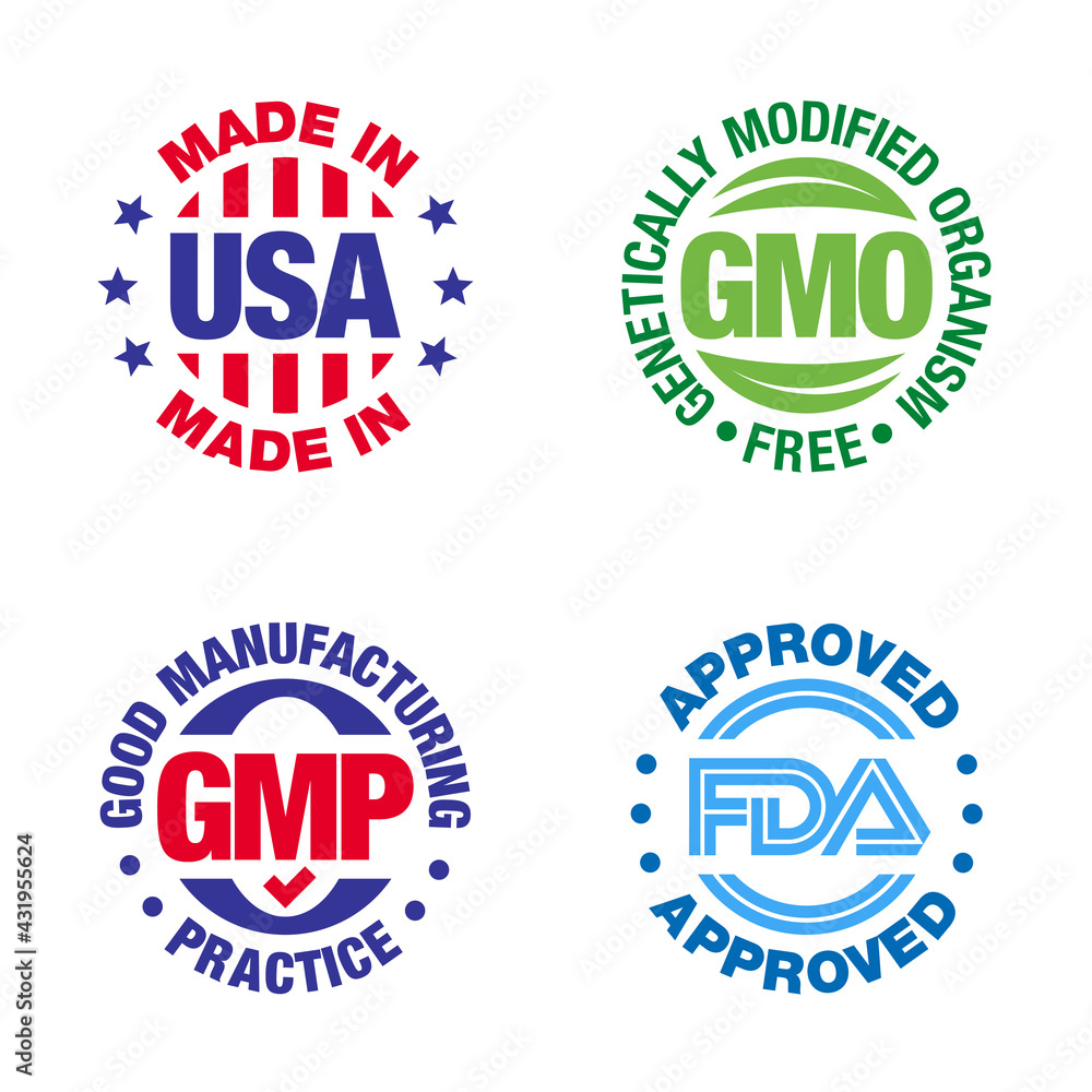 Four product badges, made in USA, GMO free, Good manufacturing practice, approved