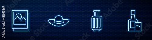 Set line Suitcase, Photo, Elegant women hat and Whiskey bottle and glass. Glowing neon icon on brick wall. Vector