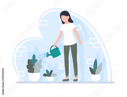 Woman watering plants flowers. Gardening. Doing home garden care job. Gardener hobby growing sprouts