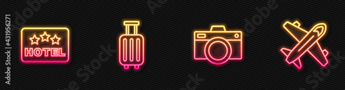 Set line Photo camera, Signboard with text Hotel, Suitcase and Plane. Glowing neon icon. Vector