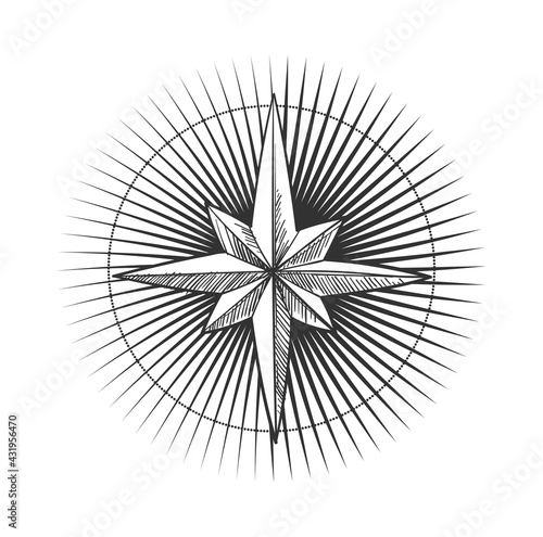 Creative star with rays and a round frame. Boho tattoo  magic symbol  christmas sign. Creative outline illustration isolated on white background. Star icon.