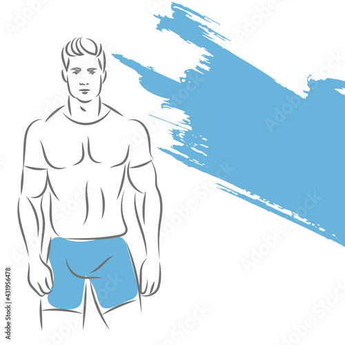 Fototapeta Naklejka Na Ścianę i Meble -  Fitness man stands in a T-shirt and blinkers. Outlines of a sport man silhouette. Hand-drawn vector outline illustration. Isolated on white.